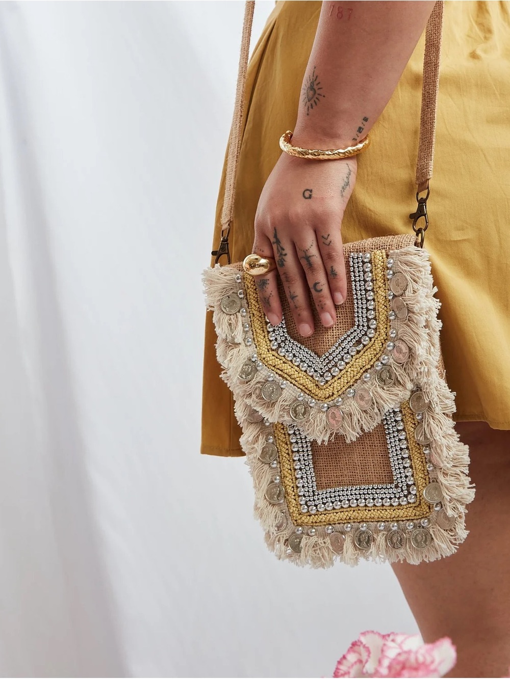 Boho Fringe Crossbody Bag in Natural and Yellow - NWT - Picture 2 of 9